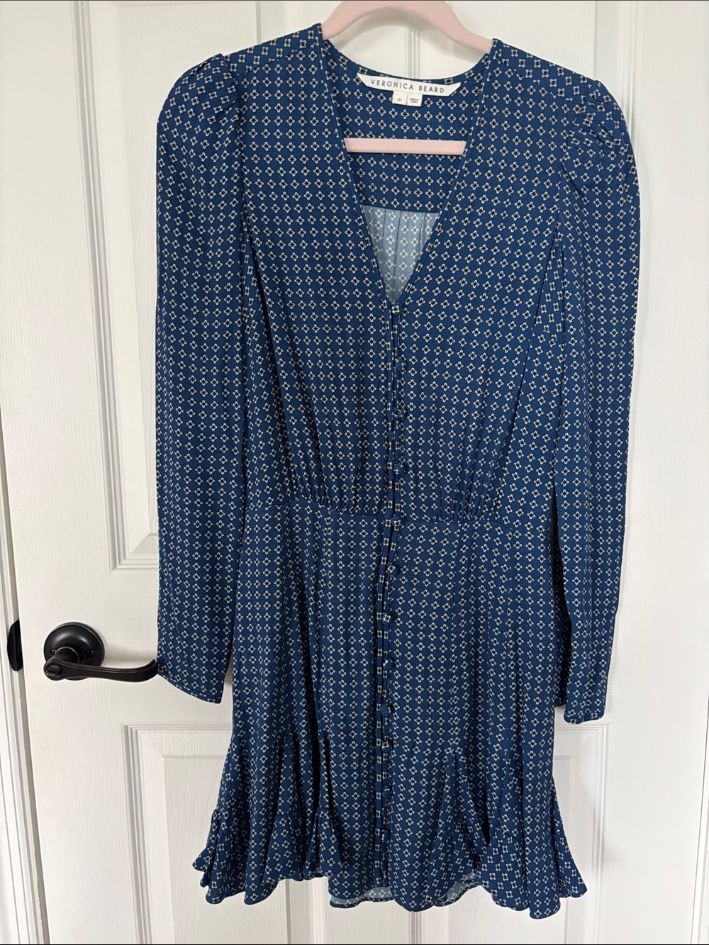 Veronica Beard Navy Geometric Button-Front Long Sleeve Dress